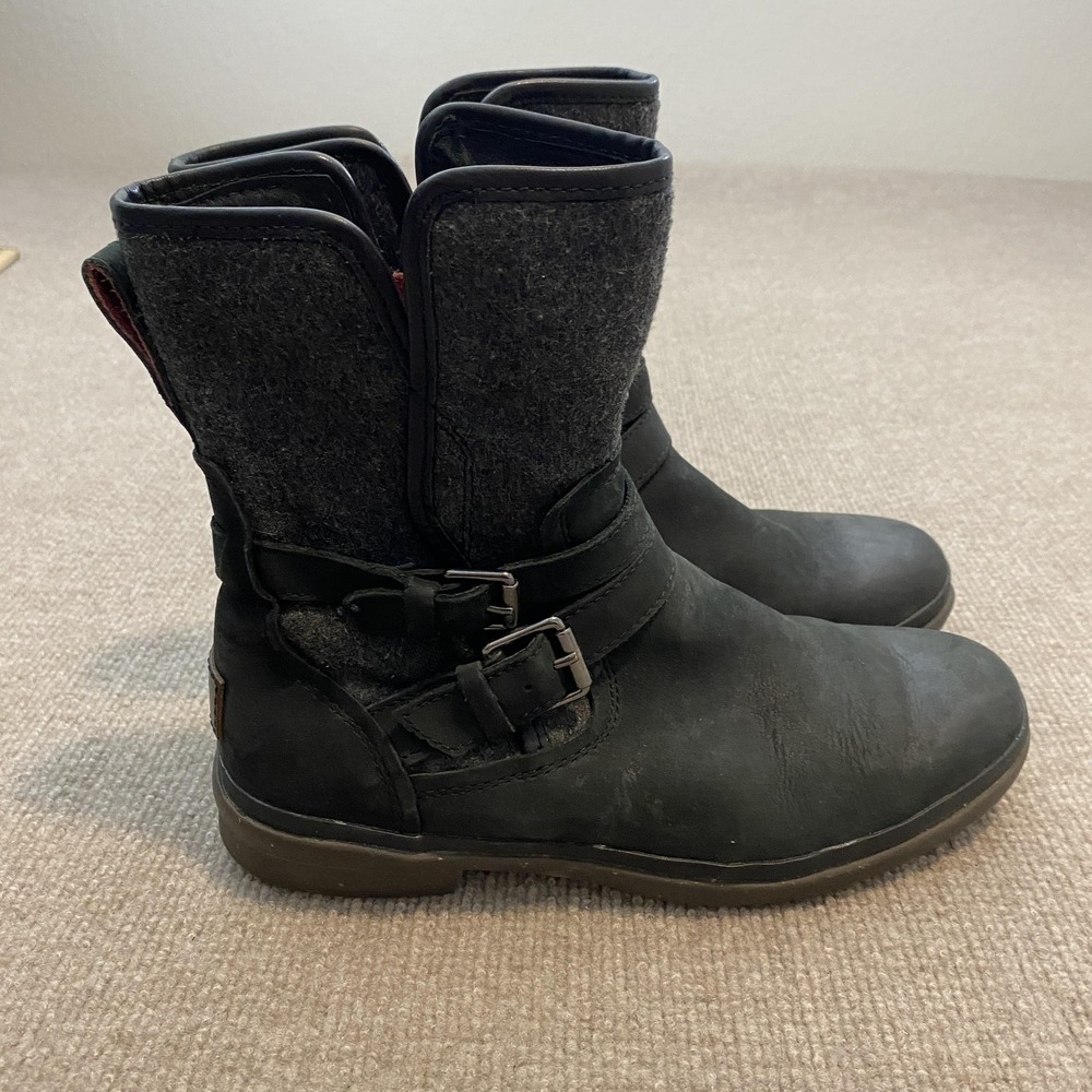 UGG Boots Womens Size 10 Black Leather Shearling Mid Calf Waterproof Zip Buckle